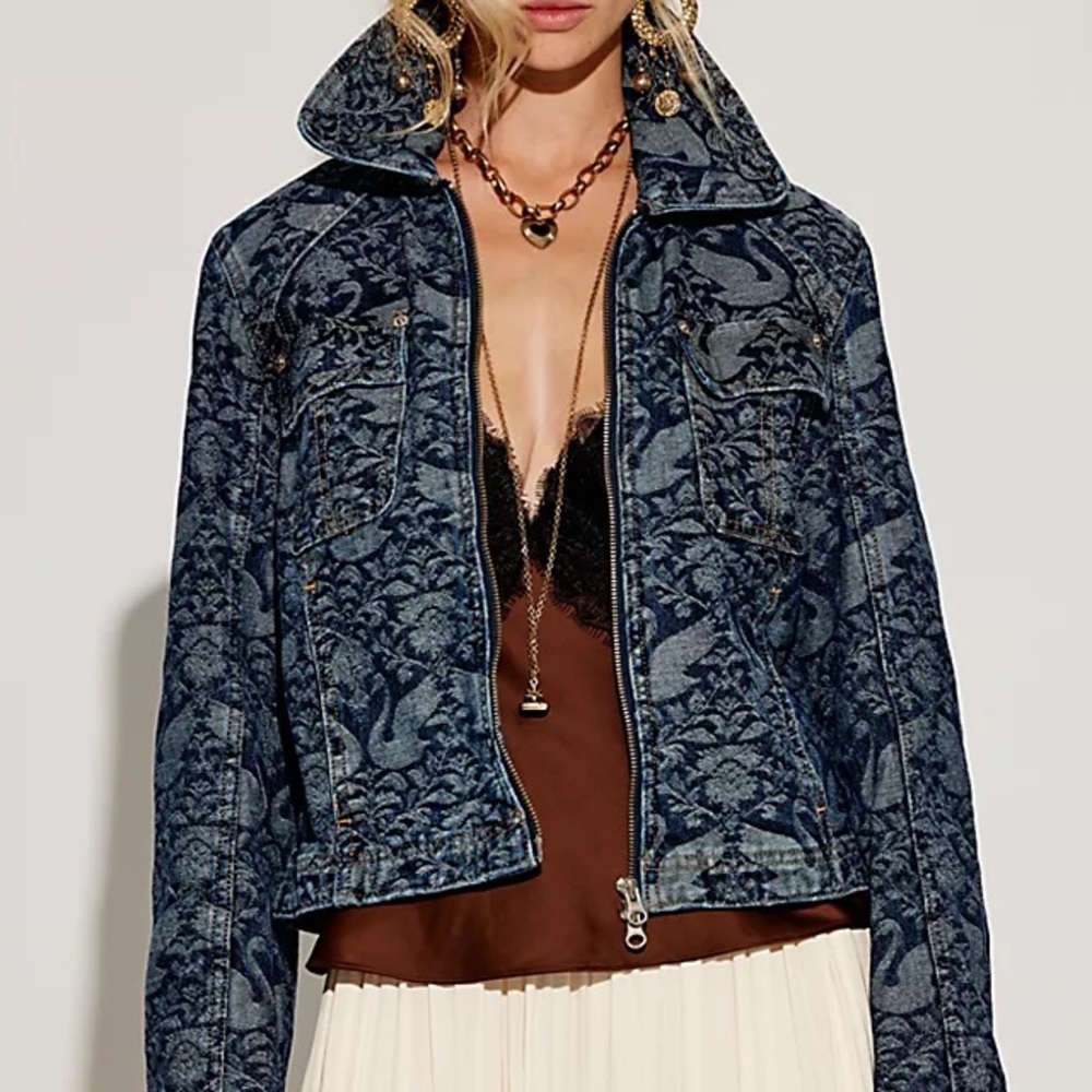 We The Free Blue Patterned Denim Zip Jacket